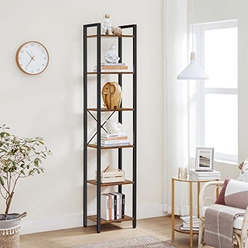 Vasagle bogreol, 6-lags boghylde, åben opbevaringshylder, stående displaystativ, til kontor, stue, soveværelse, 40 x 30 x 187,5 cm, industriel, rustik brun og sort LLS101B01