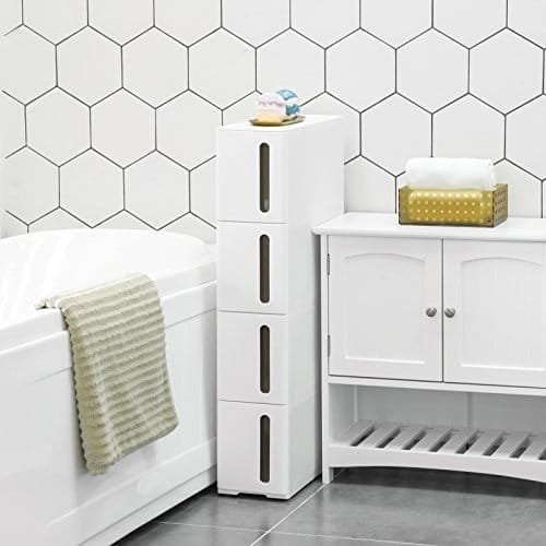 Songmics plastopbevaringsskuffer, smal opbevaringsvogn på hjul, 4-skuffe opbevaringsenhedstårn til badeværelse køkken, rumbesparende, 45 x 17 x 83 cm, hvid og brun KFR08WT