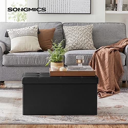 Songmics Folding Pouffe/Ottoman med 80 liter container og blødt sæde til 2 - 3 personer 300 kg maksimal belastning sort LSF105