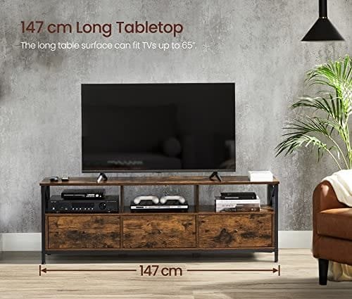 Vasagle TV Stand, tv -kabinet til op til 65 tommer tv, tv -bord med 3 skuffer og 3 åbne hylder, 40 x 147 x 50 cm, til stue, soveværelse, stålramme, rustik brun og sort LTV301B01