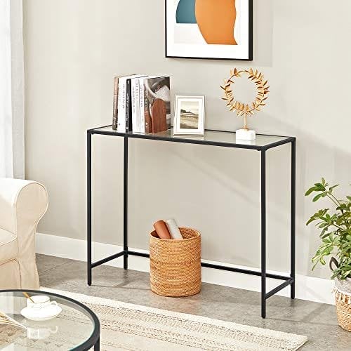Vasagle -konsolbord, tempereret glasbord, moderne sofa eller indgangsbord, metalramme, justerbare fødder, til stuen, gangen, sort LGT026B01