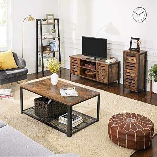 Vasagle TV Stand, TV Console Unit med hylder, skab med opbevaring, Louvred Doors, til stue, underholdningsrum, rustik brun og sort LTV43BX