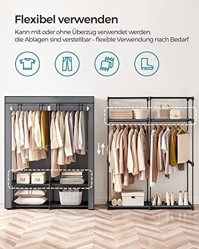 Songmics vaatekaappi, vaatesäilytyskaappi makuuhuoneeseen 2 vaatetangolla, harmaa