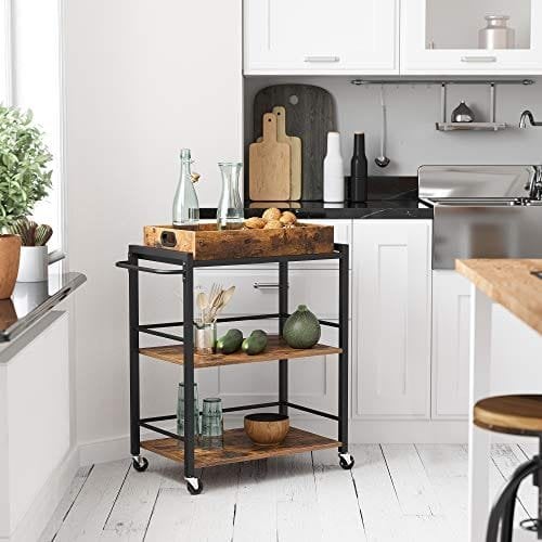 Vasagle Kitchen Trolley med aftagelig bakke, servering af vognvogne, universelle koder med bremser, nivellerende fødder, stålstruktur, køkkenhylde, 65 x 40 x 86 cm, rustik brun LRC72X