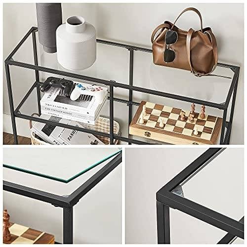 Vasagle -konsolbord, sofabord med 3 hylder, tempereret glashylde, 30 x 100 x 73 cm, stålramme, moderne, til hallway stue soveværelse, sort LGT027B01