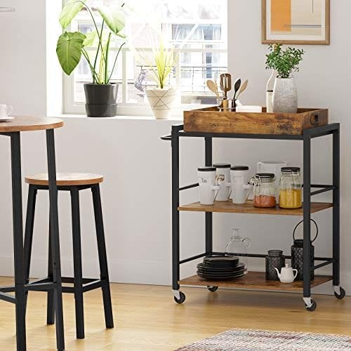 Vasagle Kitchen Trolley med aftagelig bakke, servering af vognvogne, universelle koder med bremser, nivellerende fødder, stålstruktur, køkkenhylde, 65 x 40 x 86 cm, rustik brun LRC72X