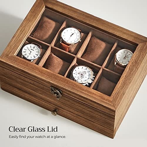 Songmics Watch Box med 8 slots, 2-lags træurkasse med stort glaslåg, urpuder, fløjlsforing, smykkeboks, gave til kære, rustik valnød