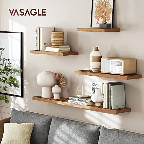 Vasagle flydende hylde, væg hylde til bøger, fotos, samleobjekter, vægmonteret kontorhylde, 40 x 20 x 3,8 cm, MDF, til stue, køkken, hallway, soveværelse, badeværelse, rustik brun LWS24BX