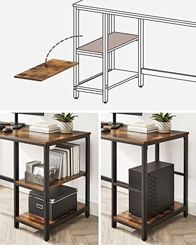 Vasagle Computer Desk, Writing Desk med 2 hylder på venstre eller højre, arbejdsbord til kontorstue, stålramme, industriel, rustik brun og sort LWD55X