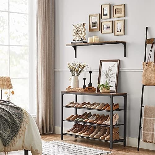 Vasagle sko rack, skoarrangør med 3 mesh hylder, til gang, stue, soveværelse, enkel struktur, stabil, industriel stil, rustik brun og sort lbs14bx