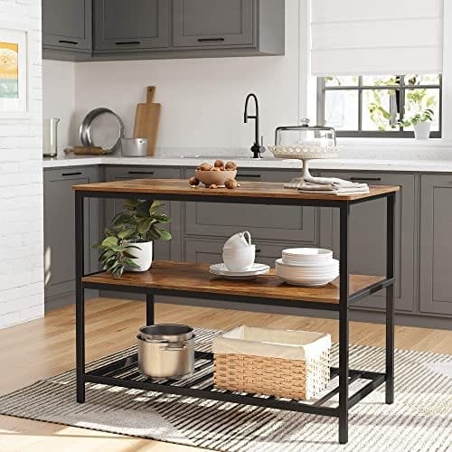 Vasagle Baker's Rack, Kitchen Island med stor bordplade, stabil stålstruktur, 120 x 60 x 90 cm, industriel køkkenhylde, let at samle, rustik brun og sort KKI01BX