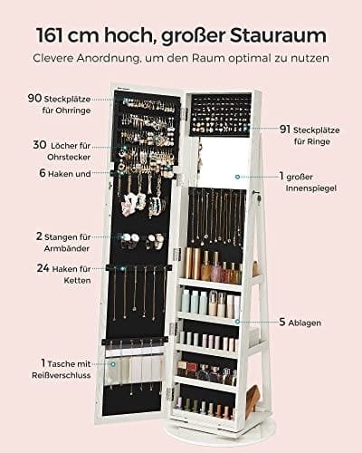 Songmics Fritstående smykkeskab, 360 ° drejelig smykkearrangør med spejl, hylder, 3-i-1 låsbar smykker armoire, kosmetikopbevaringsskab, hvid med gråt trækorn JBC62W