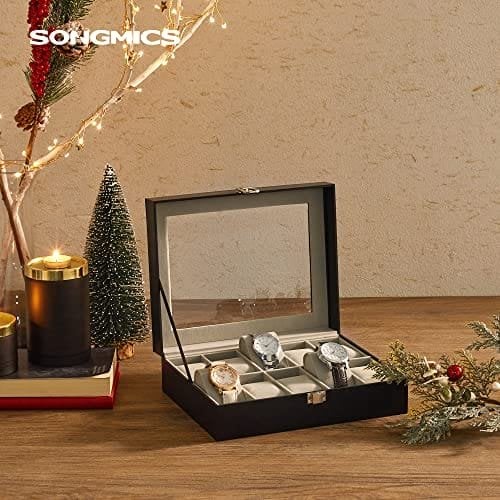 Songmics Watchbox 10 paikkaa, kellokotelo lasikannella, harmaa vuori