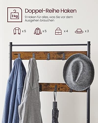 Vasagle Coat Rack, frakke står med skoopbevaringsbænk, halltræ med skostativ, 3-i-1 design, stålramme, til gangen, indgang, 32 x 70 x 175 cm, industriel, rustik brun og sort HSR41BX