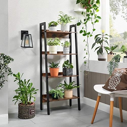 Vasagle Ladder hylde, 4-lags hjemmekontor boghylde, fritstående opbevaringshylder, til stue soveværelse køkkenbalkon, metalramme, let at samle, industriel, rustik brun og sort LLS054X01