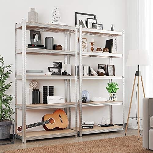 Songmics 5-lags hylderenheder, sæt med 2 stålshylder til opbevaring, værktøjsfri samling, til garage, skur, belastningskapacitet 875 kg, 40 x 90 x 180 cm, sølv GLR040E02