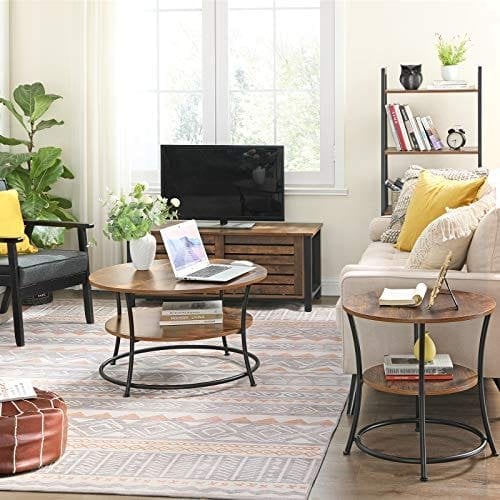Vasagle sofabord, rund cocktailbord med hylde, tebord, let samling, metal, industriel design, rustik brun LCT80BX