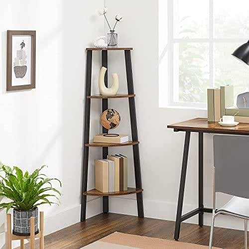 Vasagle Corner Shelf, 4-lags industriel opbevaringsstativ, stigen om skov, arrangørenhed til hjemmet, stue, soveværelse, balkon, rustik brun og sort LLS34X
