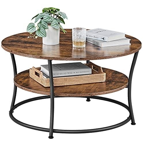 Vasagle sofabord, rund cocktailbord med hylde, tebord, let samling, metal, industriel design, rustik brun LCT80BX
