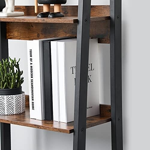 Vasagle Ladder hylde, 4-lags hjemmekontor boghylde, fritstående opbevaringshylder, til stue soveværelse køkkenbalkon, metalramme, let at samle, industriel, rustik brun og sort LLS054X01