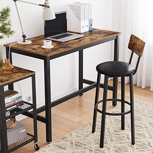 Vasagle barbord, industrielt køkkenbord, spisebord med massiv metalramme, til cocktails, bar, festkælder, restaurant, stue, træudseende, 120 x 60 x 90 cm LBT91X