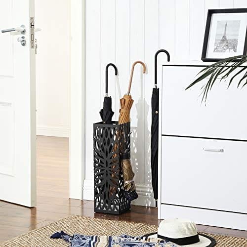 Songmics Metal Paraply Stand, Modern Square Paraply Holder Rack, 15,5 x 15,5 x 49 cm, med 4 kroge og en aftagelig drypbakke, til gangen, kontor, sort luc48b