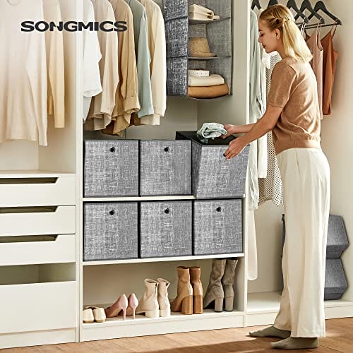 Songmics sammenklappelige opbevaringsbokse, sæt med 6 ikke-vævede stofopbevaringskuber, 30 x 30 x 30 cm, legetøjstøj arrangørbakker, grå RFB02LG-3