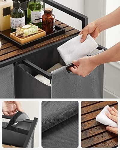 Vasagle Tøjvaskkurv, 2-rumvaskeri Hamper, Oxford-stof, udtræk og aftagelige vaskeposer, metalramme, 2 x 46L, 73 x 33 x 72 cm, rustik brun og grå blh201g01