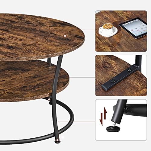 Vasagle sofabord, rund cocktailbord med hylde, tebord, let samling, metal, industriel design, rustik brun LCT80BX