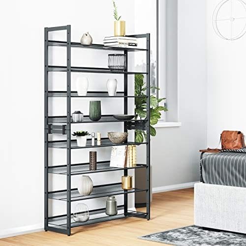 Songmics 8-lags sko rack, sæt med 2 stable 4-lags skoarrangører, stålmesh sko hylde opbevaring, justerbar flad eller vinklet hylder, kølig grå LMR08GB