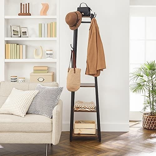 Vasagle frakke rack, frakke står med 3 hylder, stige hylde med kroge til tørklæder, tasker og paraplyer, stålramme, industriel stil, rustik brun og sort LCR80X