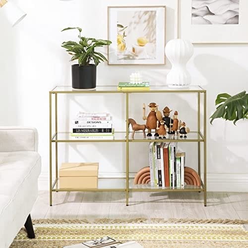 Vasagle -konsolbord, sofabord med 3 hylder, tempereret glashylde, 100 x 30 x 73 cm, metalramme, moderne, til hallway stue soveværelse, guldfarve LGT27G
