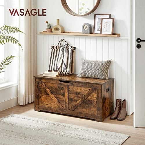 Vasagle opbevaringskiste, opbevaringsbænk, tæppeboks med 2 sikkerhedshængsler, skoopbevaringsbænk, staldstil, 40 x 100 x 46 cm, til gangen, soveværelse, stue, rustik brun LSB060T01