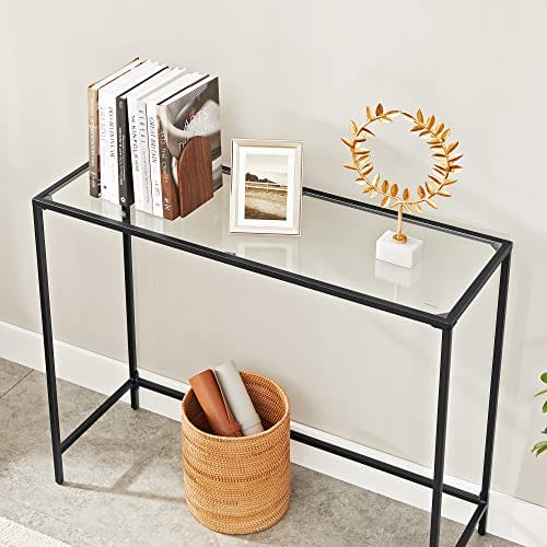 Vasagle -konsolbord, tempereret glasbord, moderne sofa eller indgangsbord, metalramme, justerbare fødder, til stuen, gangen, sort LGT026B01