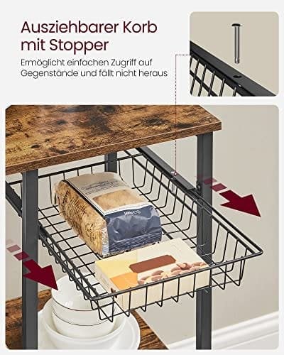 VASAGLE Leipurin teline hyllyillä, mikroaaltouunin teline lankakorilla, rustiikinruskea