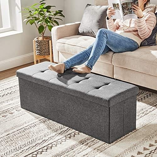Songmics -bænk med opbevaringsplads, sædebryst, opbevaringsboks, sammenfoldelig, max. Statisk belastningskapacitet 300 kg, med metaldelernet, 120 l, 110 x 38 x 38 cm, imiteret linned