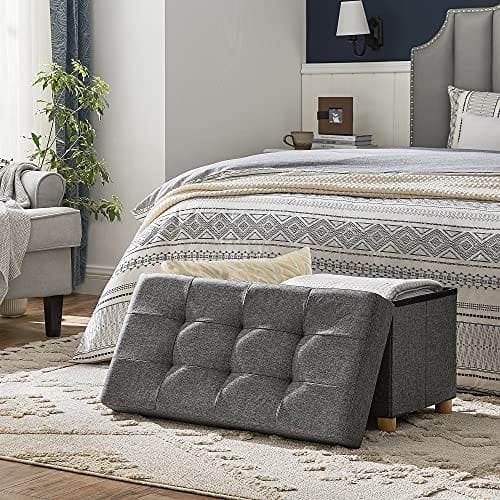 Songmics Storage Ottoman, polstret sammenfoldelig bænk, bryst med låg, massivt træfødder, rumbesparende, 65L kapacitet, holder op til 300 kg, til soveværelse, gang, børns værelse, mørkegrå LSF16gyz