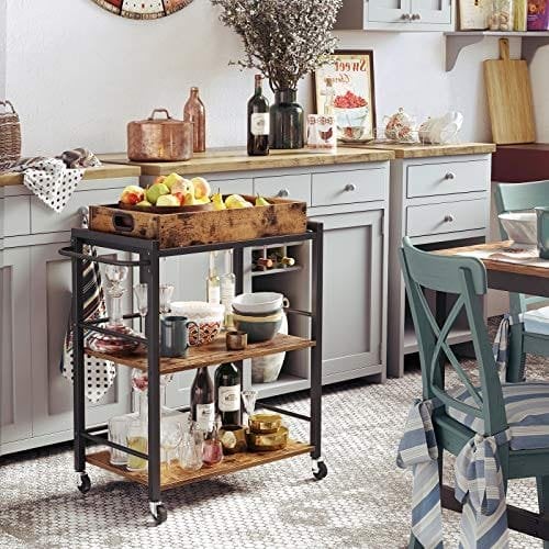 Vasagle Kitchen Trolley med aftagelig bakke, servering af vognvogne, universelle koder med bremser, nivellerende fødder, stålstruktur, køkkenhylde, 65 x 40 x 86 cm, rustik brun LRC72X