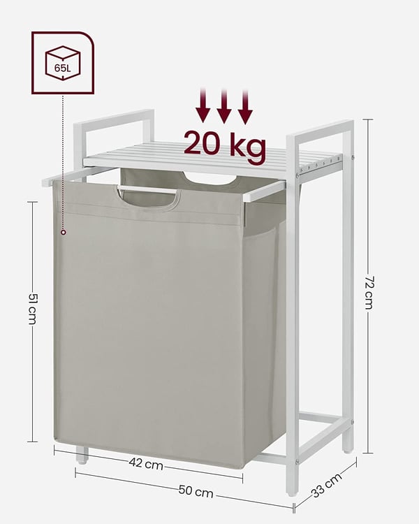 Kompakti 65 litran pyykkikori sälehyllyllä