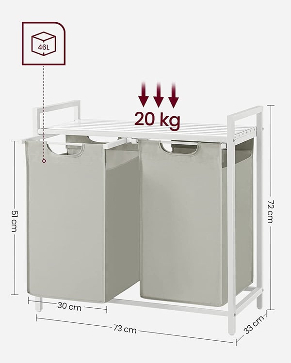 Vasagle Tøjvaskekurv, 2-rumvaskeri, udtræk og aftagelige vaskeri, vaskeri, hylde, metalramme, 2 x 46L, 73 x 33 x 72 cm, hvid blh201w01