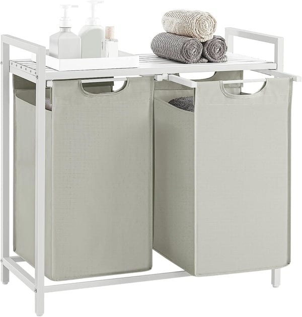 Vasagle Tøjvaskekurv, 2-rumvaskeri, udtræk og aftagelige vaskeri, vaskeri, hylde, metalramme, 2 x 46L, 73 x 33 x 72 cm, hvid blh201w01