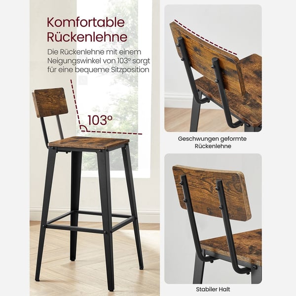 VASAGLE 2 keittiön jakkarat, keittiön tuolit selkänojalla, vintage ruskea/musta