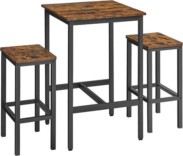 Vasagle barbord med barkrakesæt, spisebord med 2 stole, køkkenbord lille 60 x 60 x 90 cm, barstole 30 x 40 x 65 cm, til spisestue, køkken, industriel design, vintage brun/sort LBT017B01