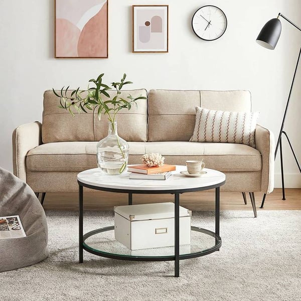 Vasagle LCT071B13 sofabord, stuebord, sofabord, med glas top, stor opbevaringsplads, let samling, moderne stil, hvid marmoreffekt, sort ramme