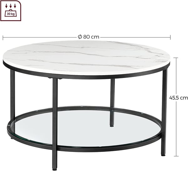 Vasagle LCT071B13 sofabord, stuebord, sofabord, med glas top, stor opbevaringsplads, let samling, moderne stil, hvid marmoreffekt, sort ramme