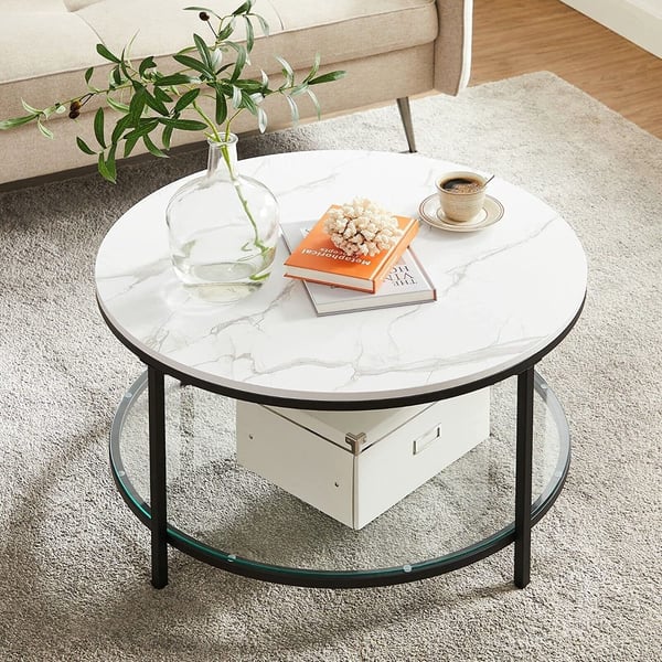 Vasagle LCT071B13 sofabord, stuebord, sofabord, med glas top, stor opbevaringsplads, let samling, moderne stil, hvid marmoreffekt, sort ramme