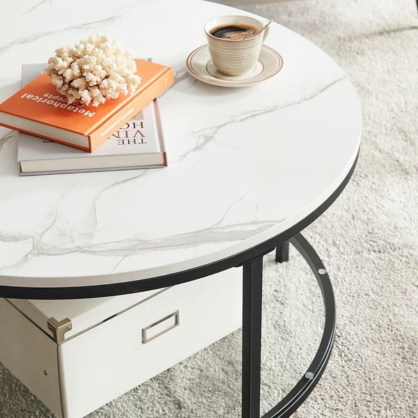 Vasagle LCT071B13 sofabord, stuebord, sofabord, med glas top, stor opbevaringsplads, let samling, moderne stil, hvid marmoreffekt, sort ramme