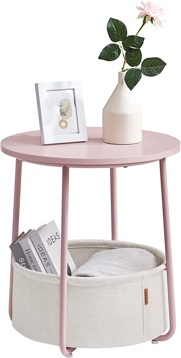 Vasagle rundt sidebord, lille sofabord, stuebord med stofkurv, opbevaringsplads til stue, soveværelse, moderne, pastelrosa/sky hvid, Let223R61
