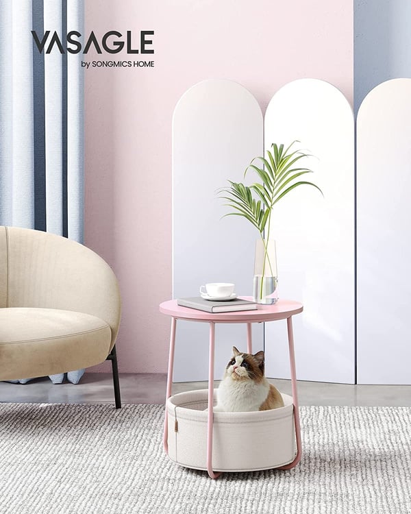 Vasagle rundt sidebord, lille sofabord, stuebord med stofkurv, opbevaringsplads til stue, soveværelse, moderne, pastelrosa/sky hvid, Let223R61