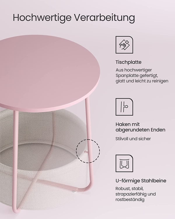 Vasagle rundt sidebord, lille sofabord, stuebord med stofkurv, opbevaringsplads til stue, soveværelse, moderne, pastelrosa/sky hvid, Let223R61